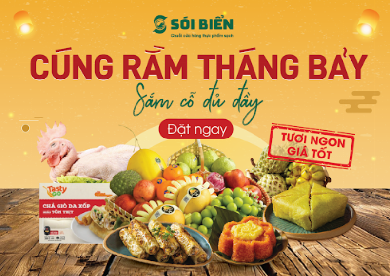Minh họa cách bày biện các lễ vật trên mâm cúng cô hồn ngoài trời, bao gồm bát hương, nến, cháo trắng, và vàng mã.